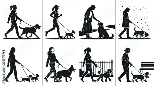 Quadro su tela Set of black silhouettes showing women walking and playing with their pet dogs i