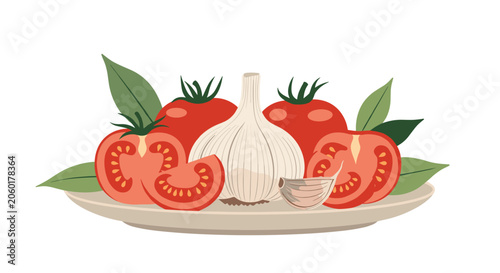 Simple plate holding fresh whole and sliced red tomatoes along with a head of garlic for cooking ingredients.
