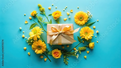 A golden present elegantly adorned with vibrant yellow flowers and small decorative accents on a bright blue background