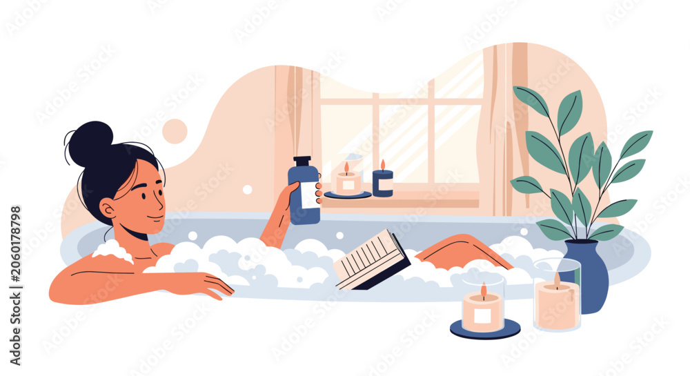 Obraz premium Young woman enjoying a relaxing bubble bath while reading a book and surrounded by aromatic candles in a cozy room.