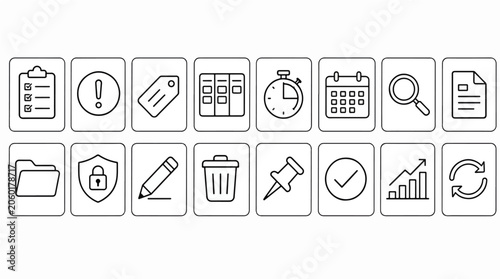 Collection of business and office related line icons for digital use.