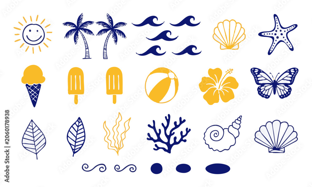 Obraz premium Coastal Summer Vacation Hand Drawn Beach Icon Set.