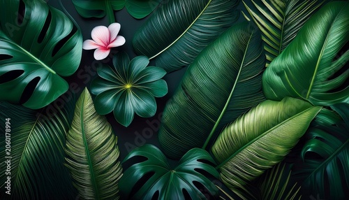 Dark Green Tropical Leaves And Flowers On A Dark Background