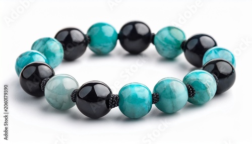 Unpolished Black Onyx Bracelet With Turquoise Beads Isolated On White Background