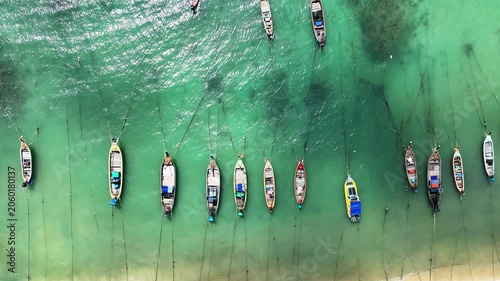 Top view longtail fishing boats in Phuket Thailand