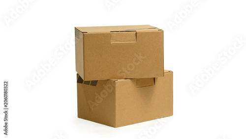 brown kraft paper box isolated on white background. Empty cardboard parcel package for shipping, logistics, and e-commerce delivery concept.