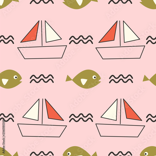 Seamless Nautical Vector Pattern with Sailboats, Fish and Waves in Retro Style on Pink Background
