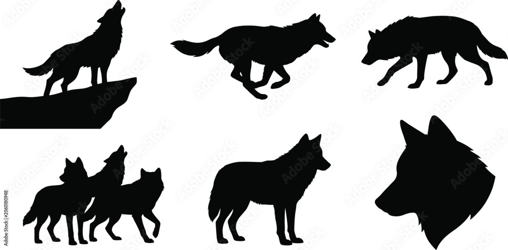 Fototapeta premium Wolf silhouette set with howling, running, standing, and pack poses for wildlife, outdoor adventure, and nature design concepts