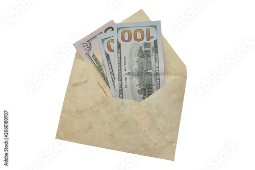 Textured paper envelope, made in vintage style with paper banknotes inside isolated on transparent background.