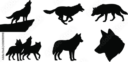 Foto Wolf silhouette set with howling, running, standing, and pack poses for wildlife