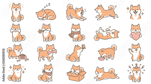 Canvastavla Collection of cute Shiba Inu dog illustrations in various poses and activities, perfect for stickers and designs
