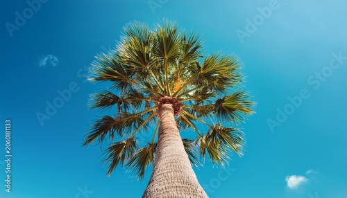 Tall Palm Tree Against Clear Blue Sky On A Sunny Tropical Day