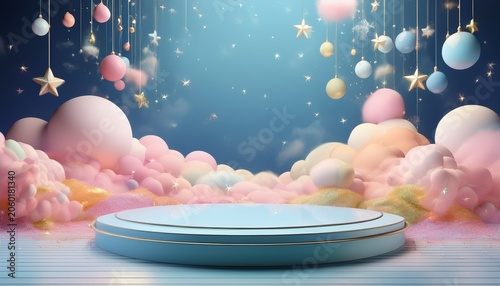Whimsical Scene Featuring Pastel Blue Podium Surrounded By Soft Clouds Colorful Bubbles And Stars Creating Dreamy Atmosphere