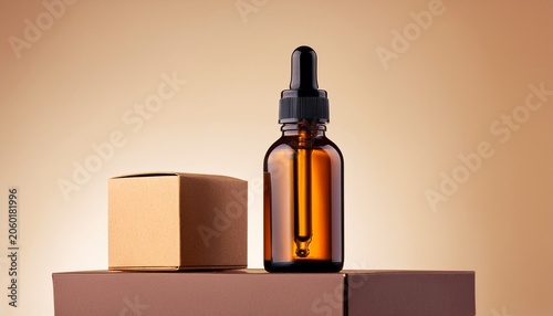Amber Glass Dropper Bottle And Box On Podium