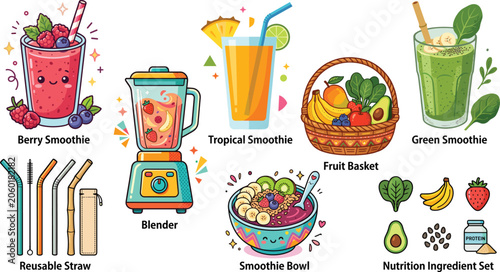 Obraz na plátně Healthy smoothie and juice bar vector collection featuring blender fruit basket smoothie bowl and reusable straws in image_ad38c9