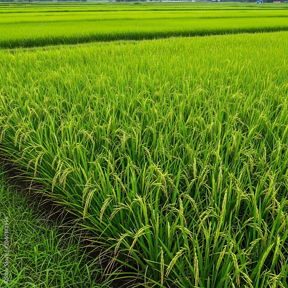 Fototapeta premium Lush Green Rice Field Under a Bright Sky.
