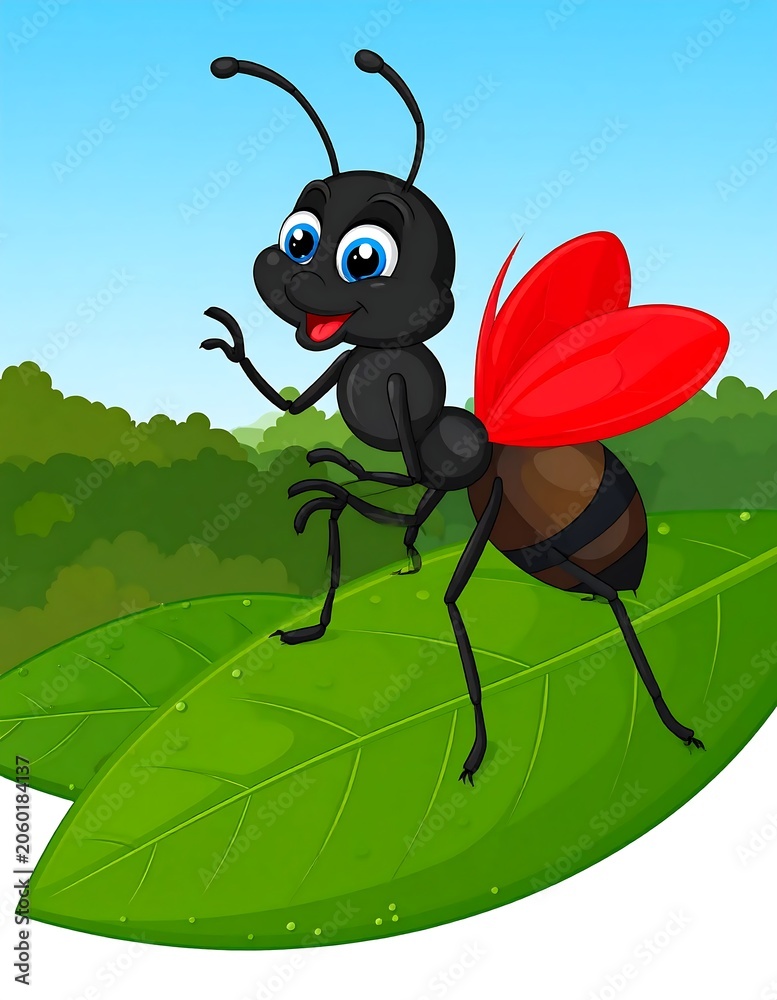 Fototapeta premium Cute Cartoon Ant Standing on Green Leaf in Sunny Garden