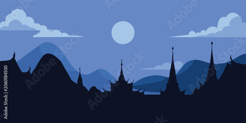 Bild auf Leinwand night temple landscape with mountain flat design illustration