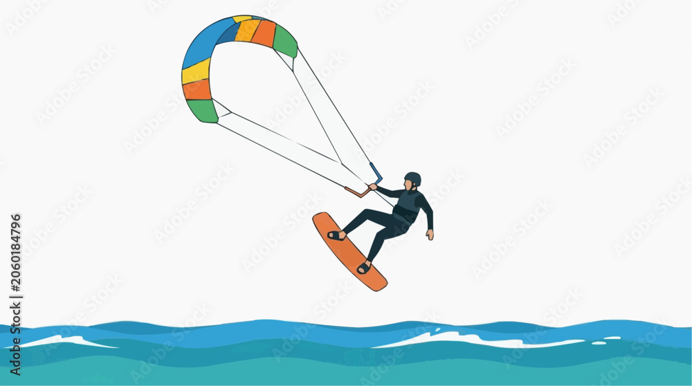 Fototapeta premium Kite surfer performing a jump over blue ocean waves with a colorful kite in the sky, illustration style