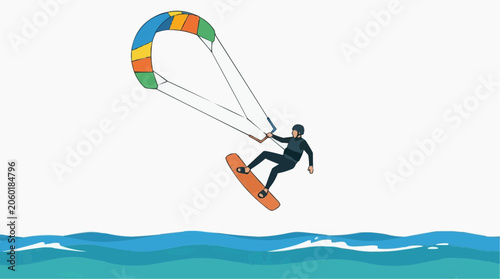 Kite surfer performing a jump over blue ocean waves with a colorful kite in the sky, illustration style