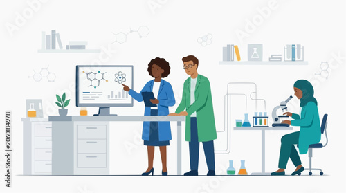 Diverse scientists collaborate in a modern laboratory, analyzing molecular structures on a computer and using a microscope for research
