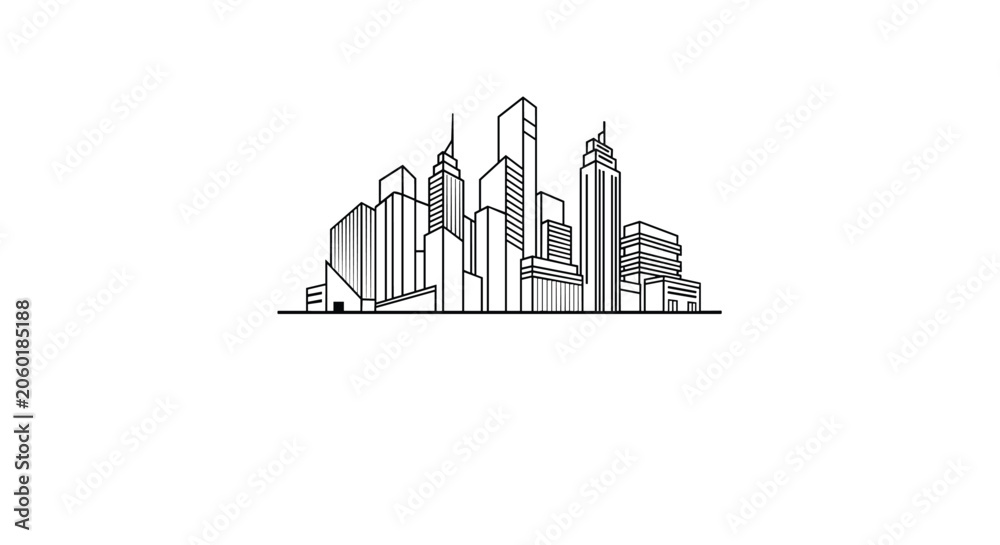 Fototapeta premium Modern city skyline sketch featuring various skyscrapers and architectural buildings rendered in a clean minimalist black and white style.