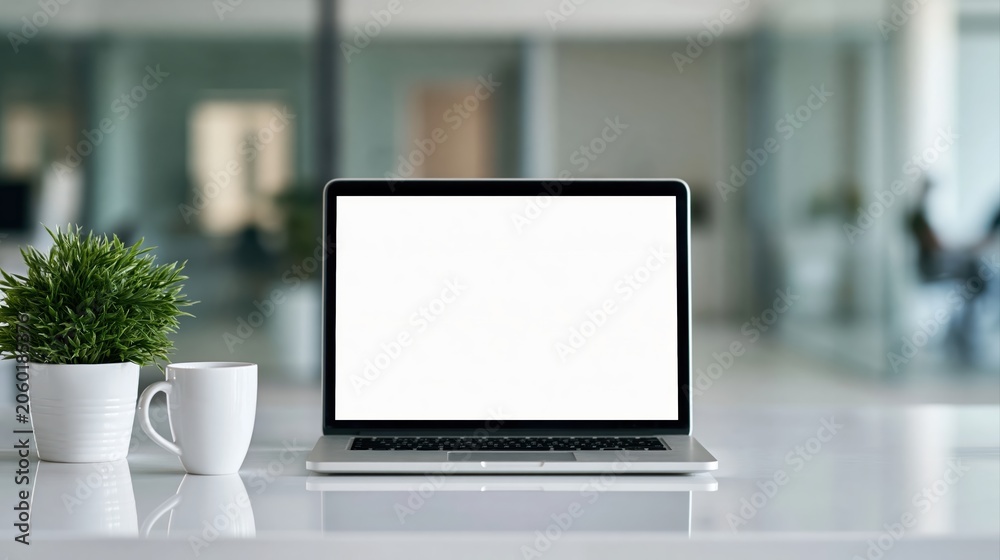 Fototapeta premium Laptop and computer with blank screen on a clean office desk workspace mockup