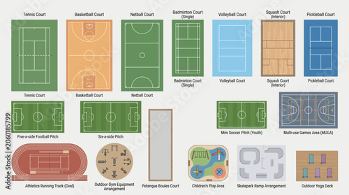 Top View Sports Court Recreational Facility Vector Set Architecture Landscape Site Plan AutoCAD Tennis Basketball Football Pitch Pool Gym Clipart EPS