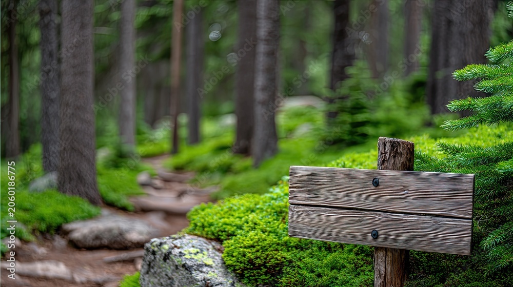 Naklejka premium Wooden sign on post next to a dirt path in a forest filled with trees, moss, and greenery during daylight in a natural setting