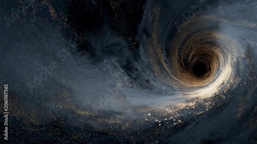 Massive black hole with glowing accretion disk and gravitational lensing effect in deep space surrounded by distant stars