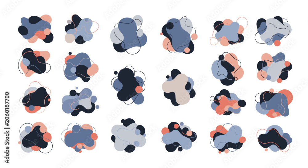 Fototapeta premium Creative set of twenty distinct abstract fluid shapes and liquid blobs in various muted colors and designs for modern graphic art.