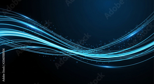 Abstract Blue Light Trails Flowing Through Darkness.