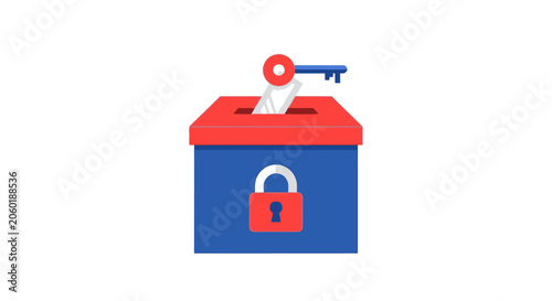 Secure Election Ballot Box Illustration with Key and Padlock Icon representing Voter Privacy, Data Protection, and Democratic Integrity