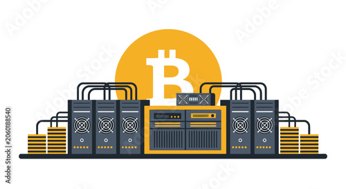 Cryptocurrency Mining Farm Flat Vector Illustration with ASIC Miners and Bitcoin Coin Logo