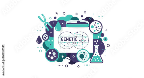 Genetic Research and Biotechnology Flat Vector Illustration with DNA Molecule, Laboratory Glassware, and Chromosome Icons for Science and Medical Design