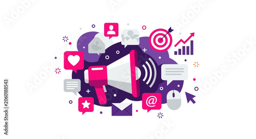 Digital Marketing and Social Media Strategy Concept with Megaphone, Advertising Icons, and Growth Data Illustration