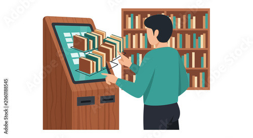 Modern Digital Library Illustration of a Man Using an Interactive Touchscreen Kiosk to Browse E-books and Physical Literature in a Bookstore or Education Center