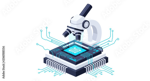 Isometric Vector Illustration of a Microscope Inspecting a Computer Processor Microchip, Nanotechnology and Semiconductor Research Concept