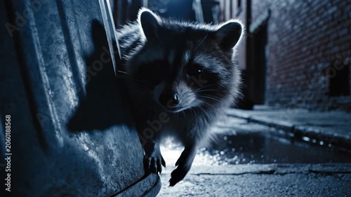 Curious Raccoon Peeking from Behind a Trash Can in a Dim Urban Alley at Night