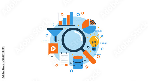Business Data Analysis and Digital Marketing Strategy Concept Illustration with Search Magnifying Glass and Financial Charts