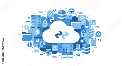 Professional Cloud Computing and Network Infrastructure Illustration Featuring Data Security, Server Storage, and Digital Information Management Icons