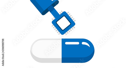 Digital Health Concept Illustration of a Microchip Interface over a Blue and White Medical Capsule Pill