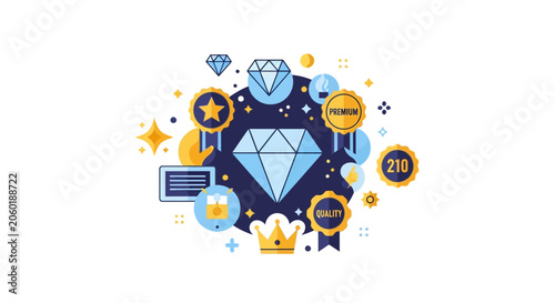 Premium Quality and Success Concept Illustration Featuring Diamonds Gold Medals Crown and Star Symbols for Business Branding and Excellence
