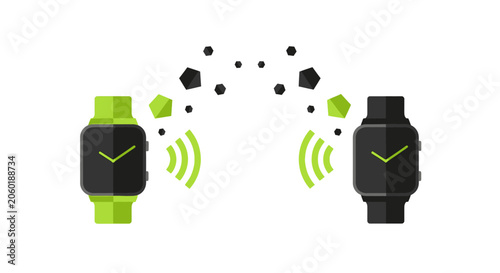 Smartwatch Wireless Connectivity and Data Transfer Concept Illustration, Two Smartwatches Syncing via Signal Waves and Geometric Particles