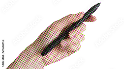 Halftone dot style pop art illustration of a hand holding a pen
