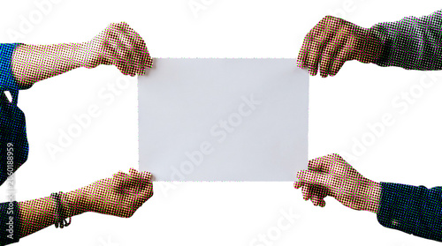 Four hands holding a blank white paper with halftone pop art effect