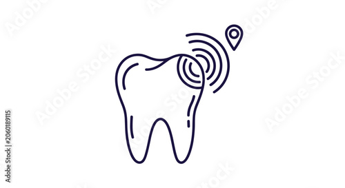 Dental health and toothache concept showing a molar tooth icon with circular signal waves indicating pain or sensitivity.
