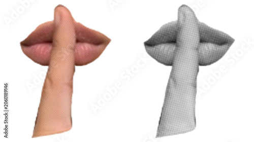 Halftone pop art illustration of finger on lips silence gesture