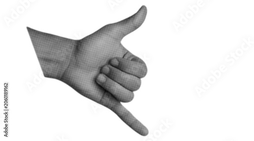 Halftone retro style shaka hand sign hang loose gesture on white background