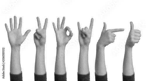 Black and white halftone hand gestures set showing different signs